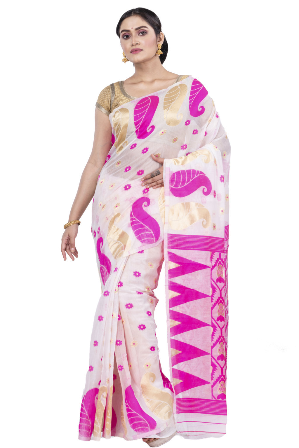 Pink Pure Cotton Amachal_Jmdni Jamdani Saree (677)